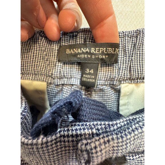 Banana Republic Mens Aiden Short Stretch Sz 34 Navy White Houndstooth Drawstring - Picture 3 of 9